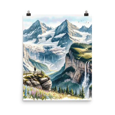 Aquarell-Panoramablick der Alpen mit schneebedeckten Gipfeln, Wasserfällen und Wanderern - Premium Poster (glänzend) wandern xxx yyy zzz 40.6 x 50.8 cm