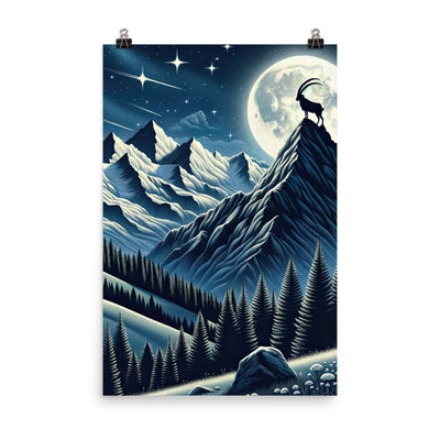 Steinbock in Alpennacht, silberne Berge und Sternenhimmel - Premium Poster (glänzend) berge xxx yyy zzz 61 x 91.4 cm
