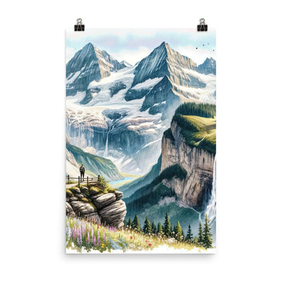 Aquarell-Panoramablick der Alpen mit schneebedeckten Gipfeln, Wasserfällen und Wanderern - Premium Poster (glänzend) wandern xxx yyy zzz 61 x 91.4 cm