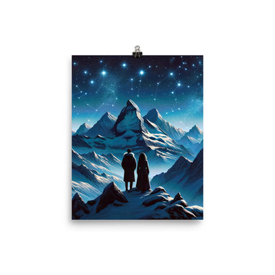 Alpenwinternacht: Digitale Kunst mit Wanderern in Bergen und Sternenhimmel - Premium Poster (glänzend) wandern xxx yyy zzz 20.3 x 25.4 cm
