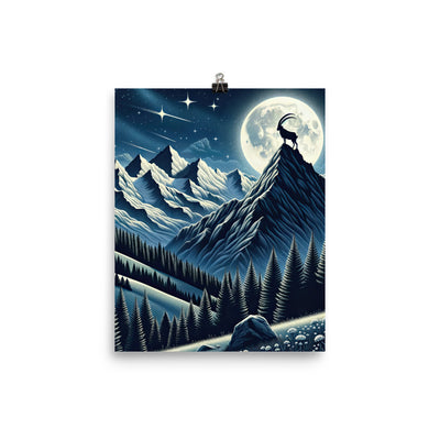 Steinbock in Alpennacht, silberne Berge und Sternenhimmel - Premium Poster (glänzend) berge xxx yyy zzz 20.3 x 25.4 cm