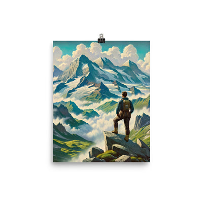 Panoramablick der Alpen mit Wanderer auf einem Hügel und schroffen Gipfeln - Premium Poster (glänzend) wandern xxx yyy zzz 20.3 x 25.4 cm