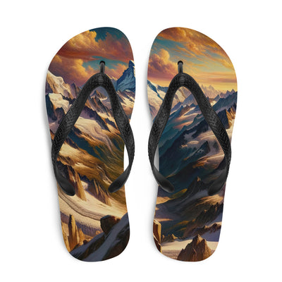 Ölgemälde eines Wanderers auf einem Hügel mit Panoramablick auf schneebedeckte Alpen und goldenen Himmel - Flip Flops wandern xxx yyy zzz