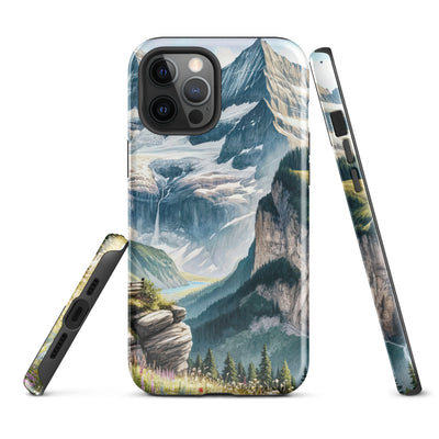 Aquarell-Panoramablick der Alpen mit schneebedeckten Gipfeln, Wasserfällen und Wanderern - iPhone Schutzhülle (robust) wandern xxx yyy zzz iPhone 12 Pro Max
