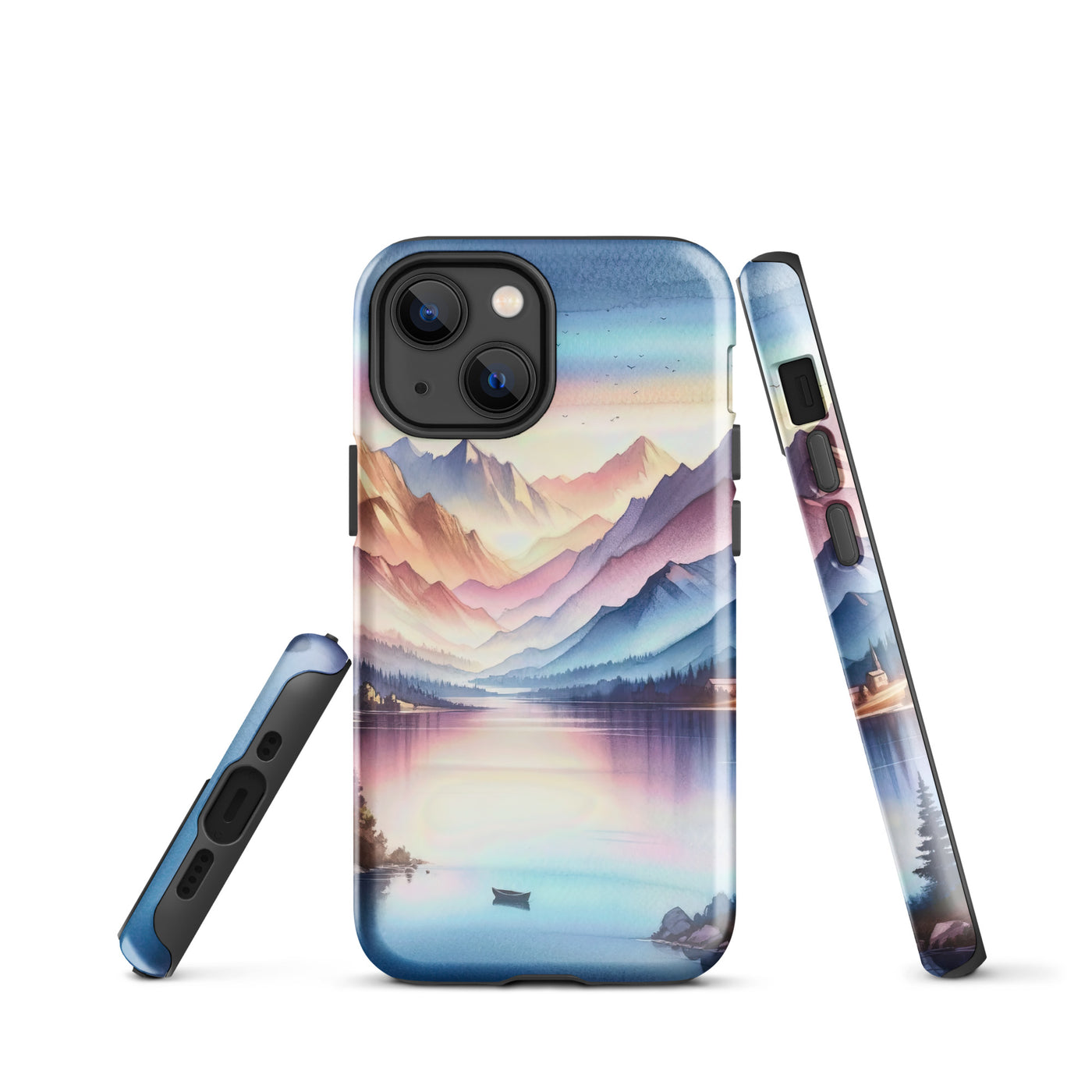 Aquarell einer Dämmerung in den Alpen, Boot auf einem See in Pastell-Licht - iPhone Schutzhülle (robust) berge xxx yyy zzz iPhone 13 mini