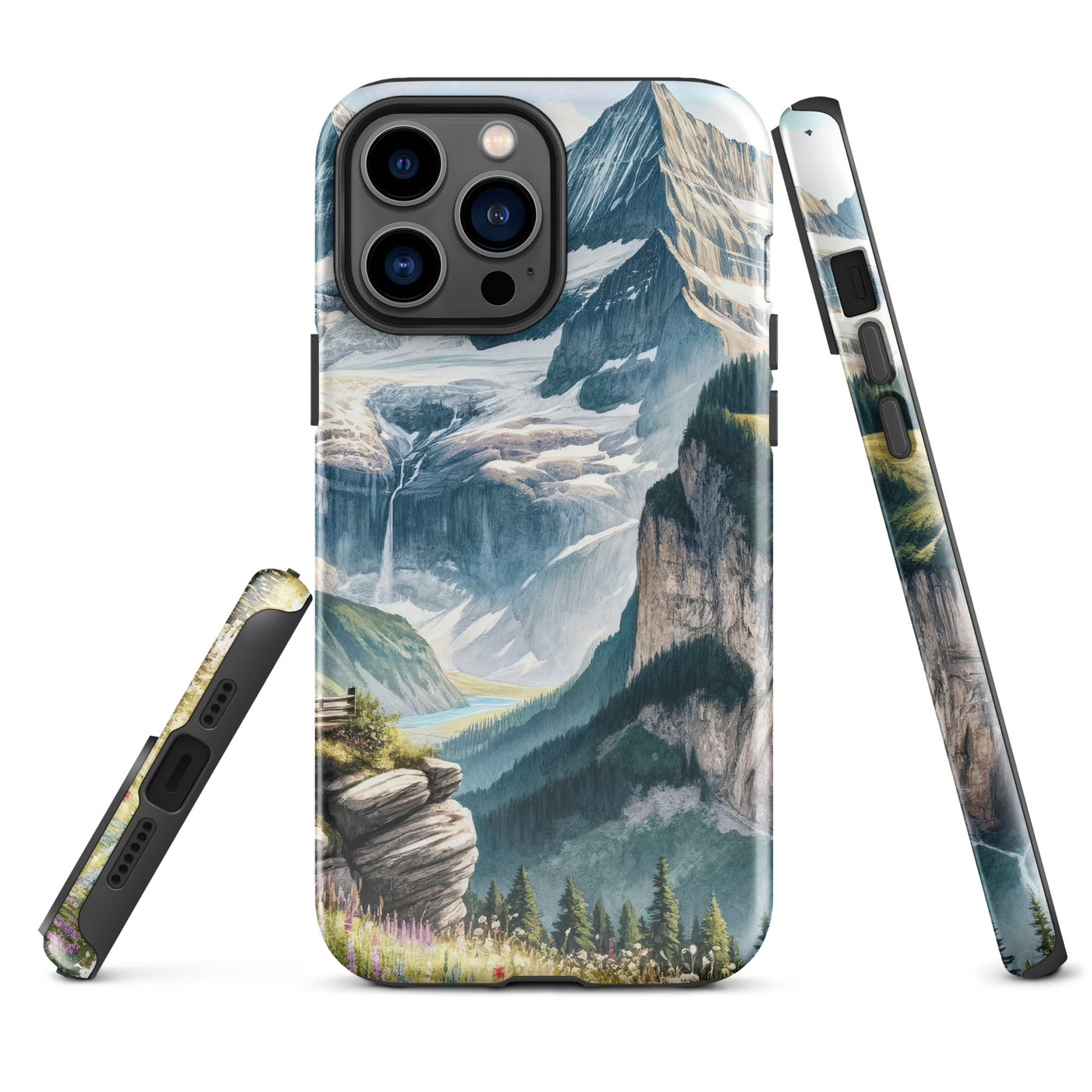 Aquarell-Panoramablick der Alpen mit schneebedeckten Gipfeln, Wasserfällen und Wanderern - iPhone Schutzhülle (robust) wandern xxx yyy zzz iPhone 13 Pro Max