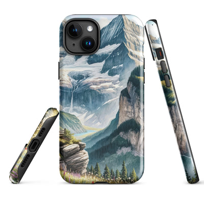 Aquarell-Panoramablick der Alpen mit schneebedeckten Gipfeln, Wasserfällen und Wanderern - iPhone Schutzhülle (robust) wandern xxx yyy zzz iPhone 15 Plus