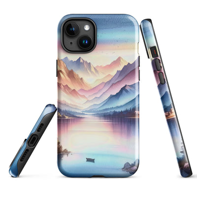 Aquarell einer Dämmerung in den Alpen, Boot auf einem See in Pastell-Licht - iPhone Schutzhülle (robust) berge xxx yyy zzz iPhone 15 Plus