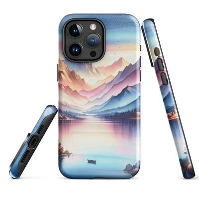 Aquarell einer Dämmerung in den Alpen, Boot auf einem See in Pastell-Licht - iPhone Schutzhülle (robust) berge xxx yyy zzz iPhone 15 Pro Max