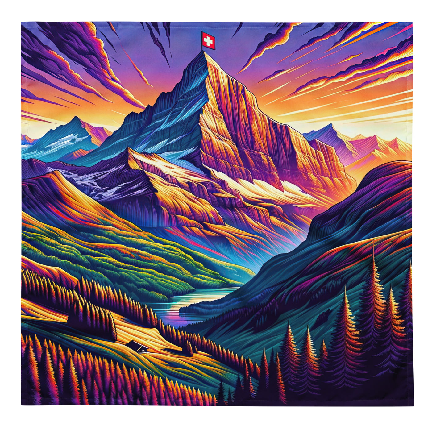 Bergpracht mit Schweizer Flagge: Farbenfrohe Illustration einer Berglandschaft - Bandana (All-Over Print) berge xxx yyy zzz L