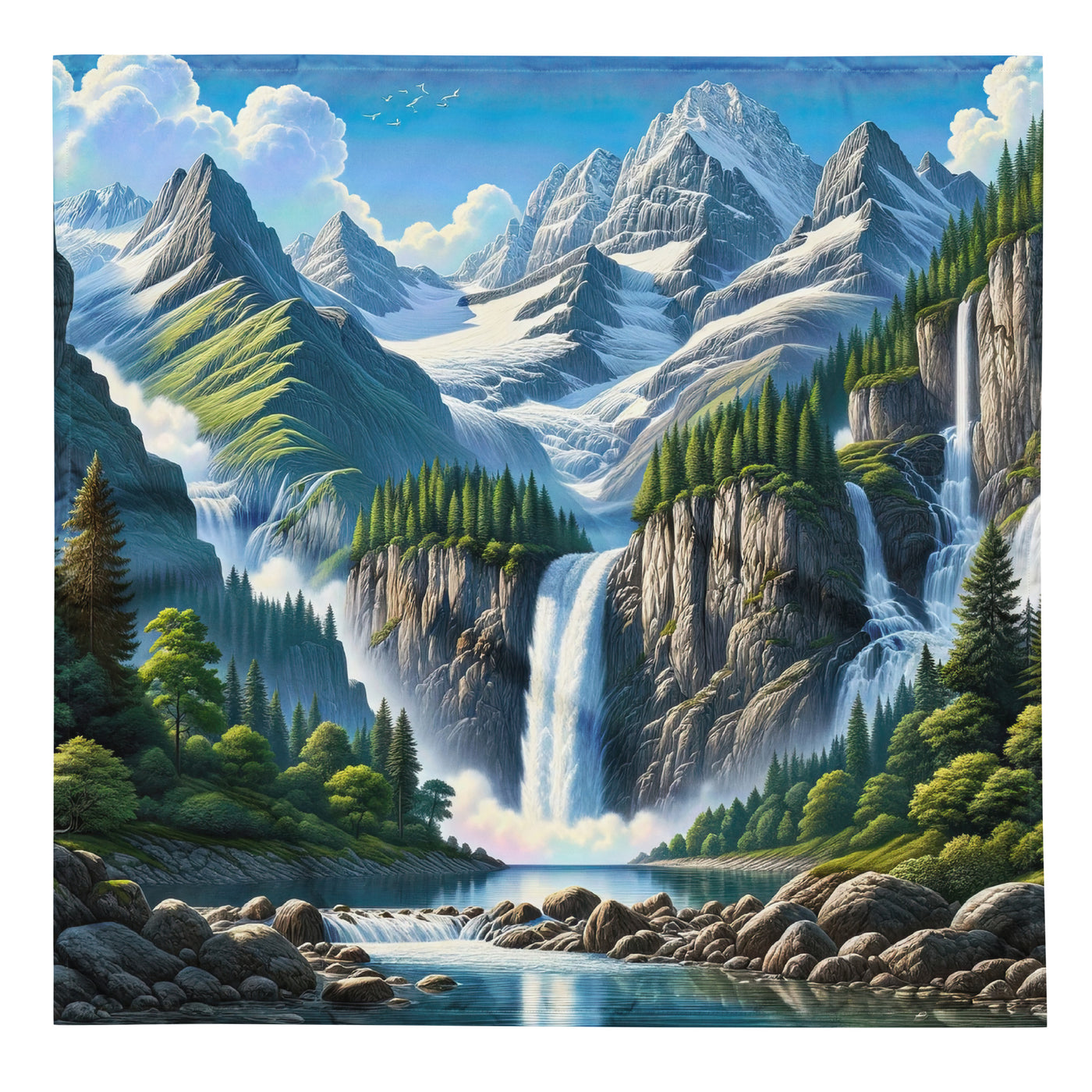 Illustration einer unberührten Alpenkulisse im Hochsommer. Wasserfall und See - Bandana (All-Over Print) berge xxx yyy zzz L