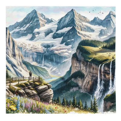 Aquarell-Panoramablick der Alpen mit schneebedeckten Gipfeln, Wasserfällen und Wanderern - Bandana (All-Over Print) wandern xxx yyy zzz L