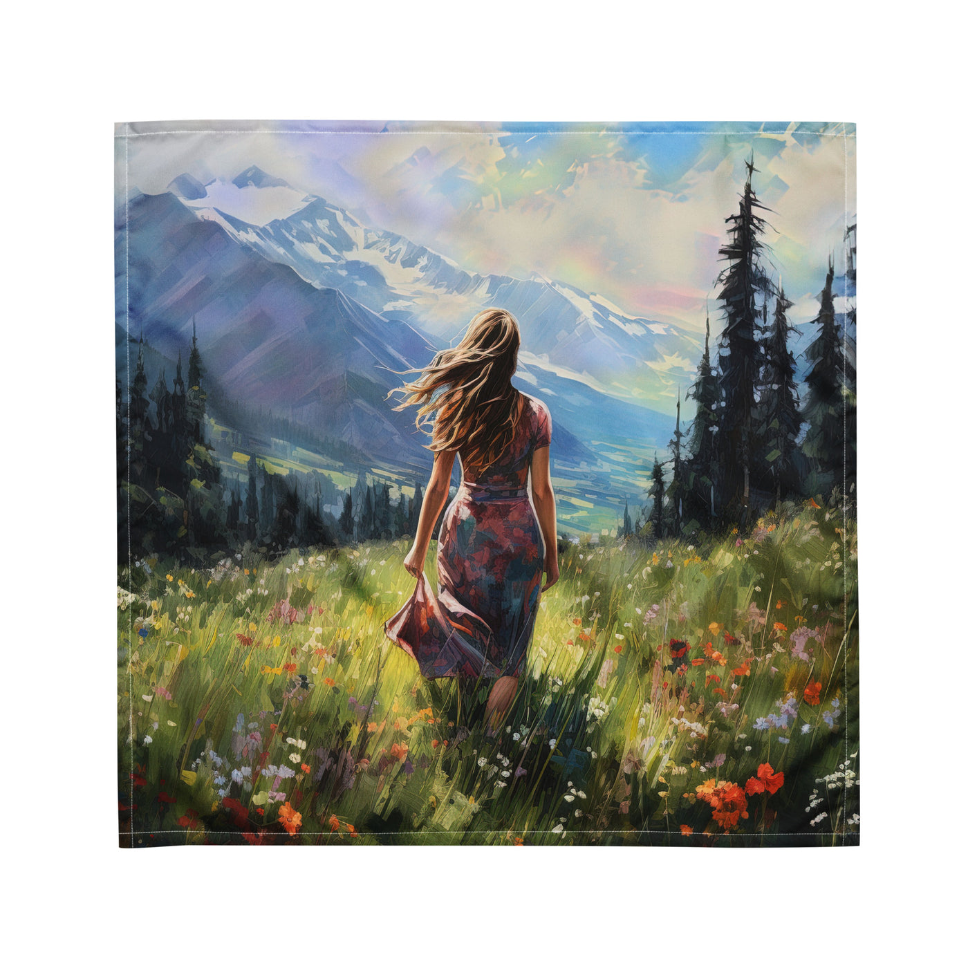 Frau mit langen Kleid im Feld mit Blumen - Berge im Hintergrund - Malerei - Bandana (All-Over Print) berge xxx M