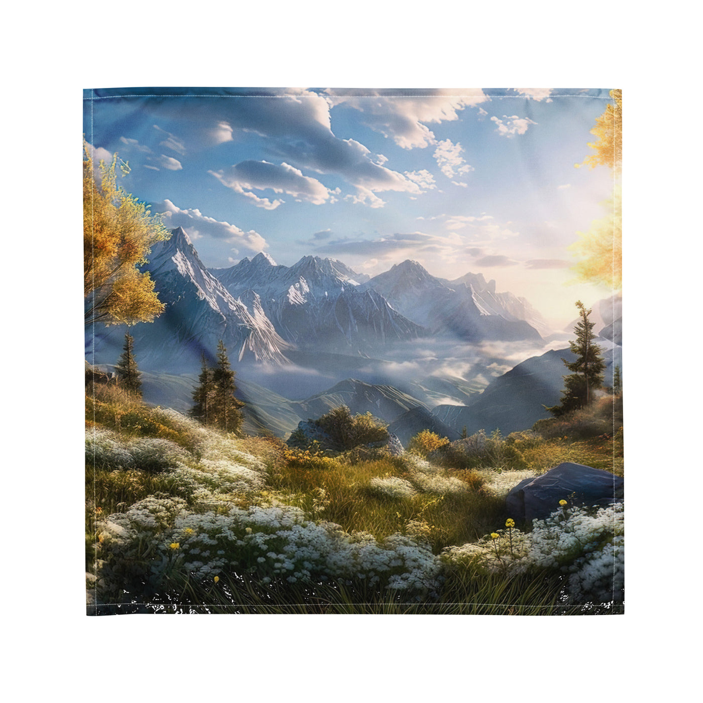 Berglandschaft mit Sonnenschein, Blumen und Bäumen - Malerei - Bandana (All-Over Print) berge xxx M