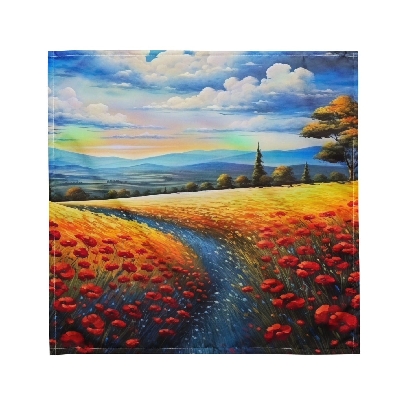 Feld mit roten Blumen und Berglandschaft - Landschaftsmalerei - Bandana (All-Over Print) berge xxx M