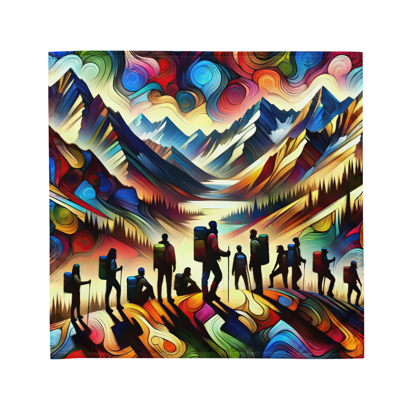 Abstraktes Kunstgemälde der Alpen voller lebendiger Muster. Ein vielfältiges Wanderteam, sowohl Männer als auch Frauen - All-Over Print wandern xxx yyy zzz M