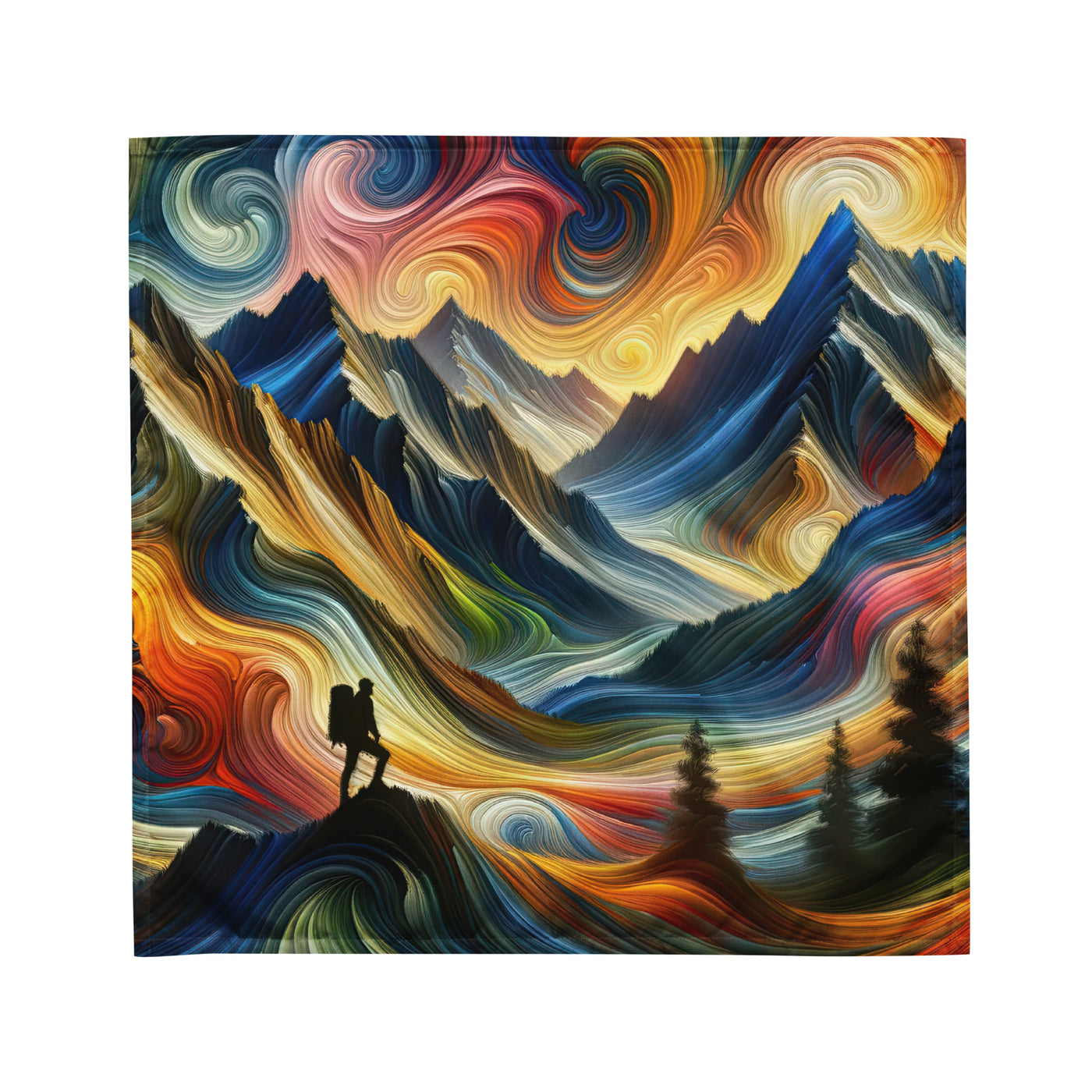Abstraktes Kunstgemälde der Alpen mit wirbelnden, lebendigen Farben und dynamischen Mustern. Wanderer Silhouette - All-Over Print wandern xxx yyy zzz M