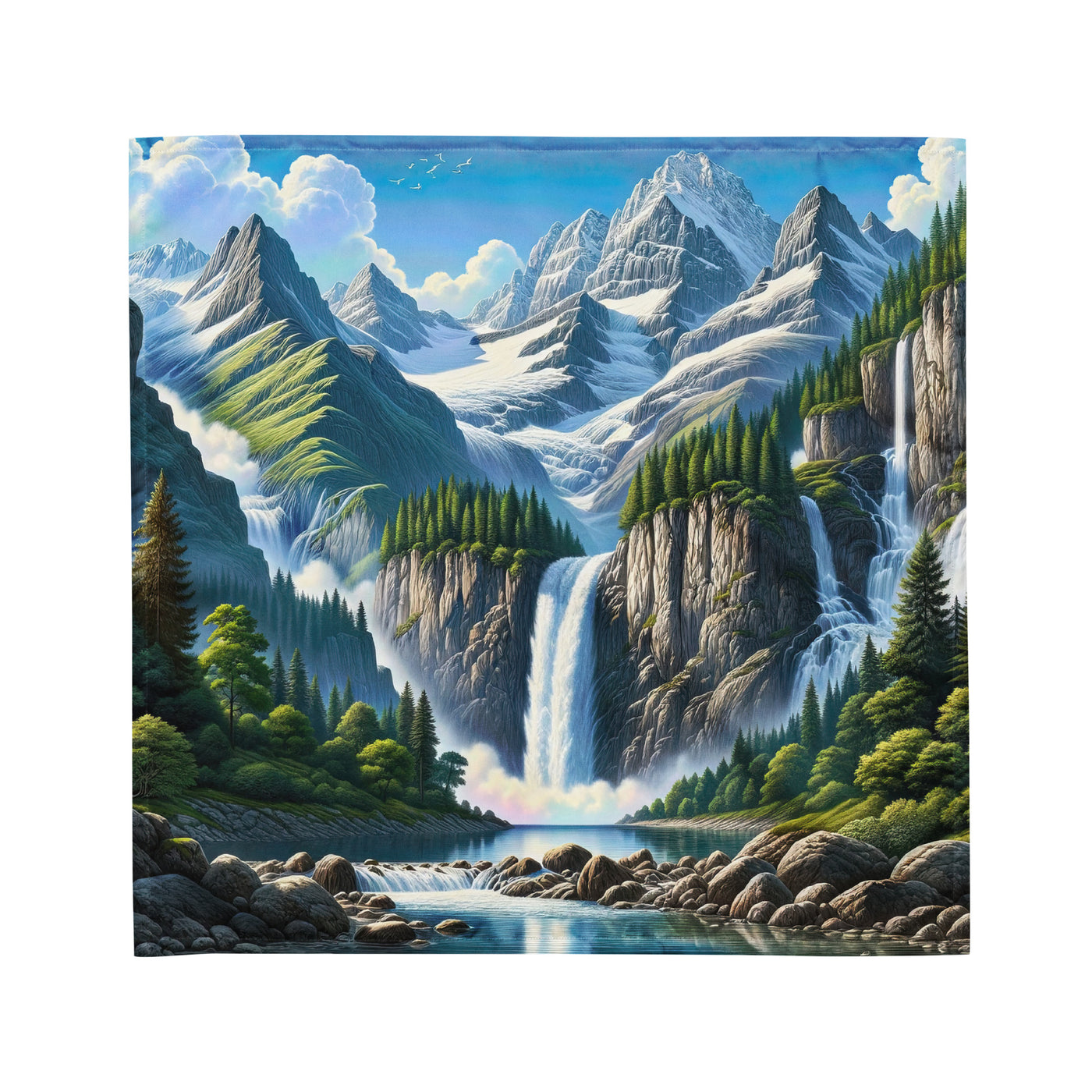 Illustration einer unberührten Alpenkulisse im Hochsommer. Wasserfall und See - Bandana (All-Over Print) berge xxx yyy zzz M