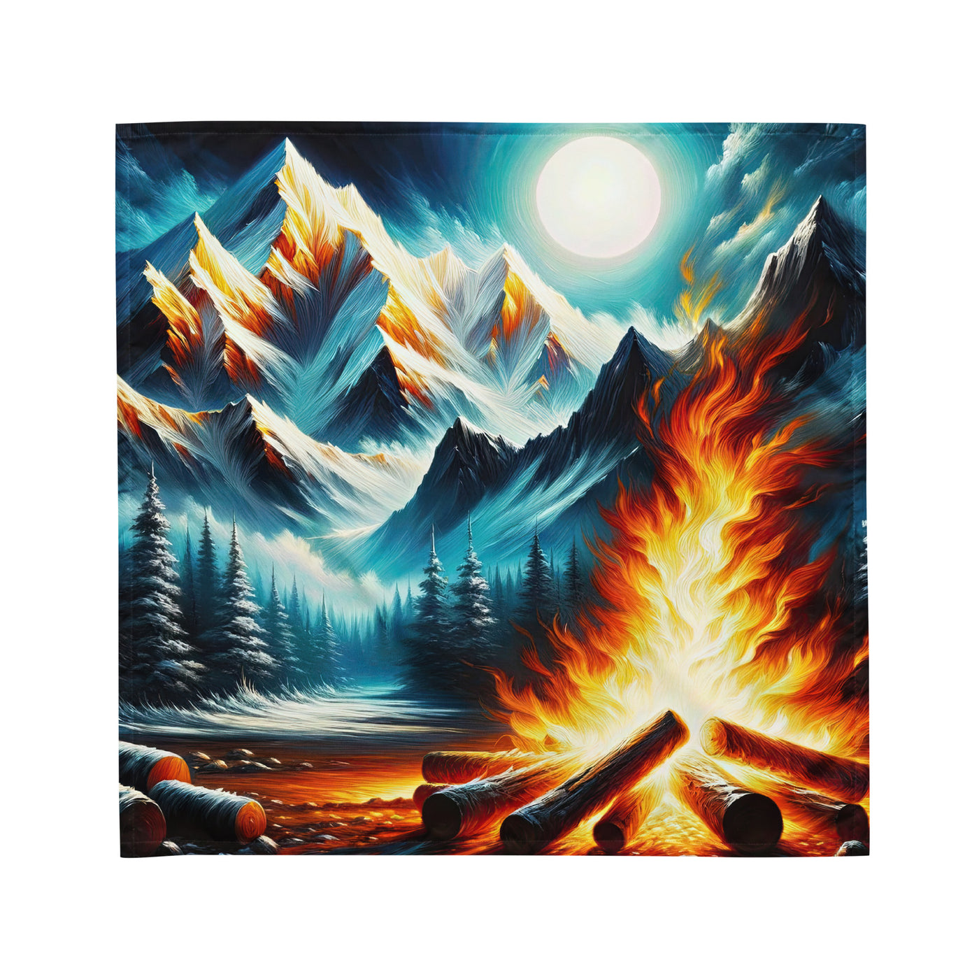 Ölgemälde von Feuer und Eis: Lagerfeuer und Alpen im Kontrast, warme Flammen - Bandana (All-Over Print) camping xxx yyy zzz M