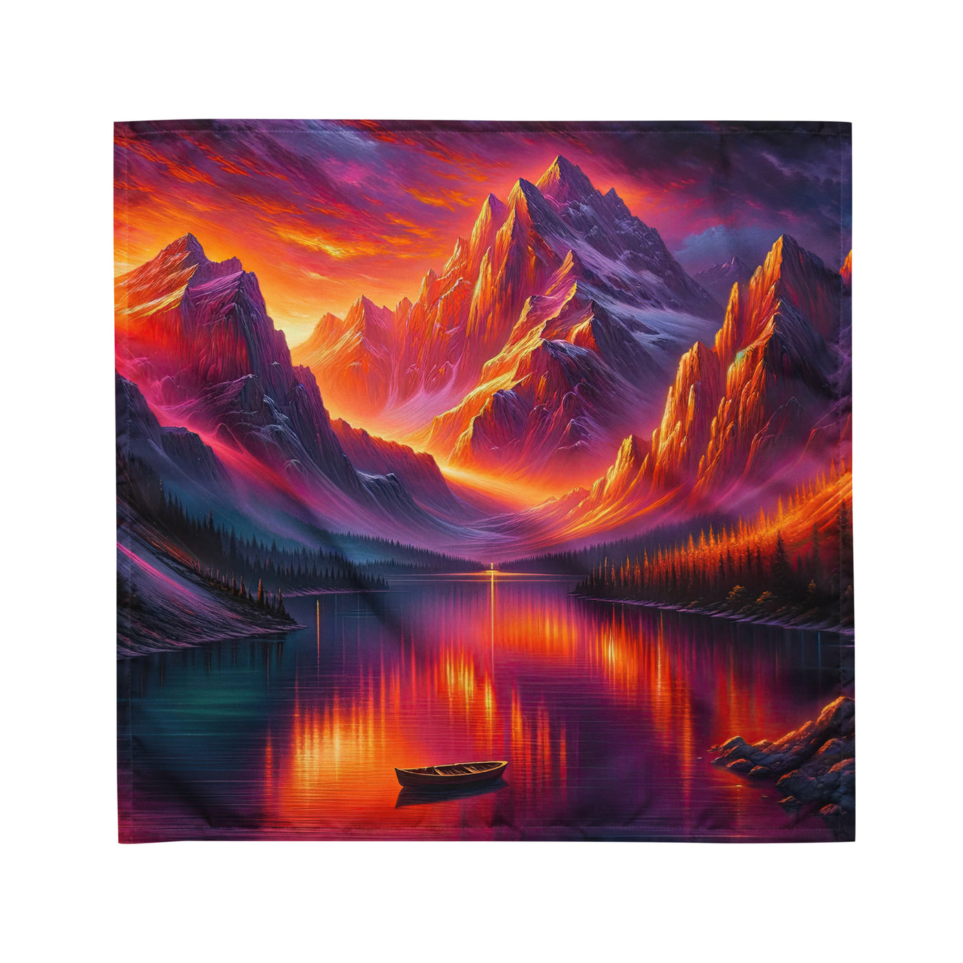 Ölgemälde eines Bootes auf einem Bergsee bei Sonnenuntergang, lebendige Orange-Lila Töne - Bandana (All-Over Print) berge xxx yyy zzz M