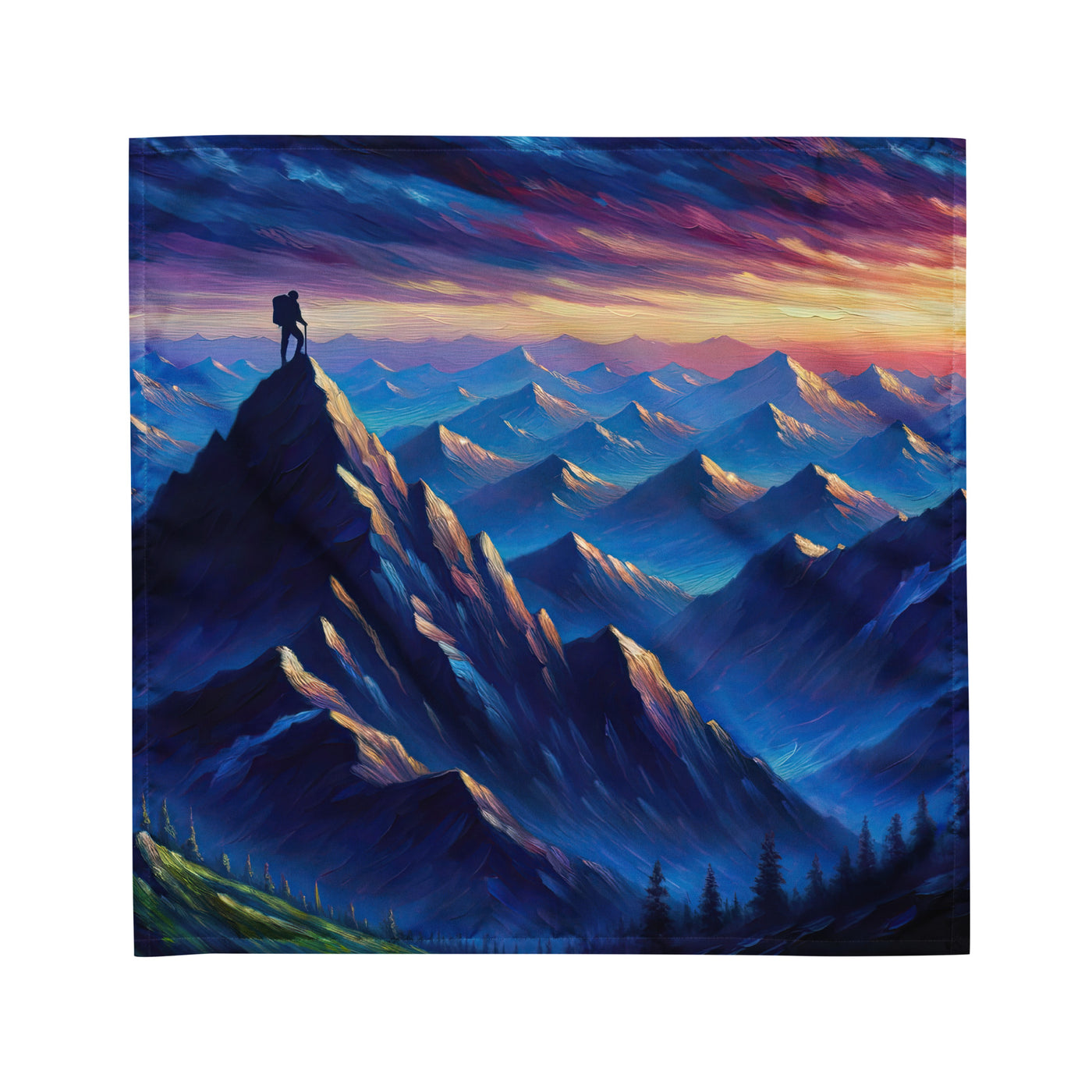 Ölgemälde eines ruhigen Alpenabends mit Bergsteigersilhouette auf dem Gipfel - Bandana (All-Over Print) wandern xxx yyy zzz M