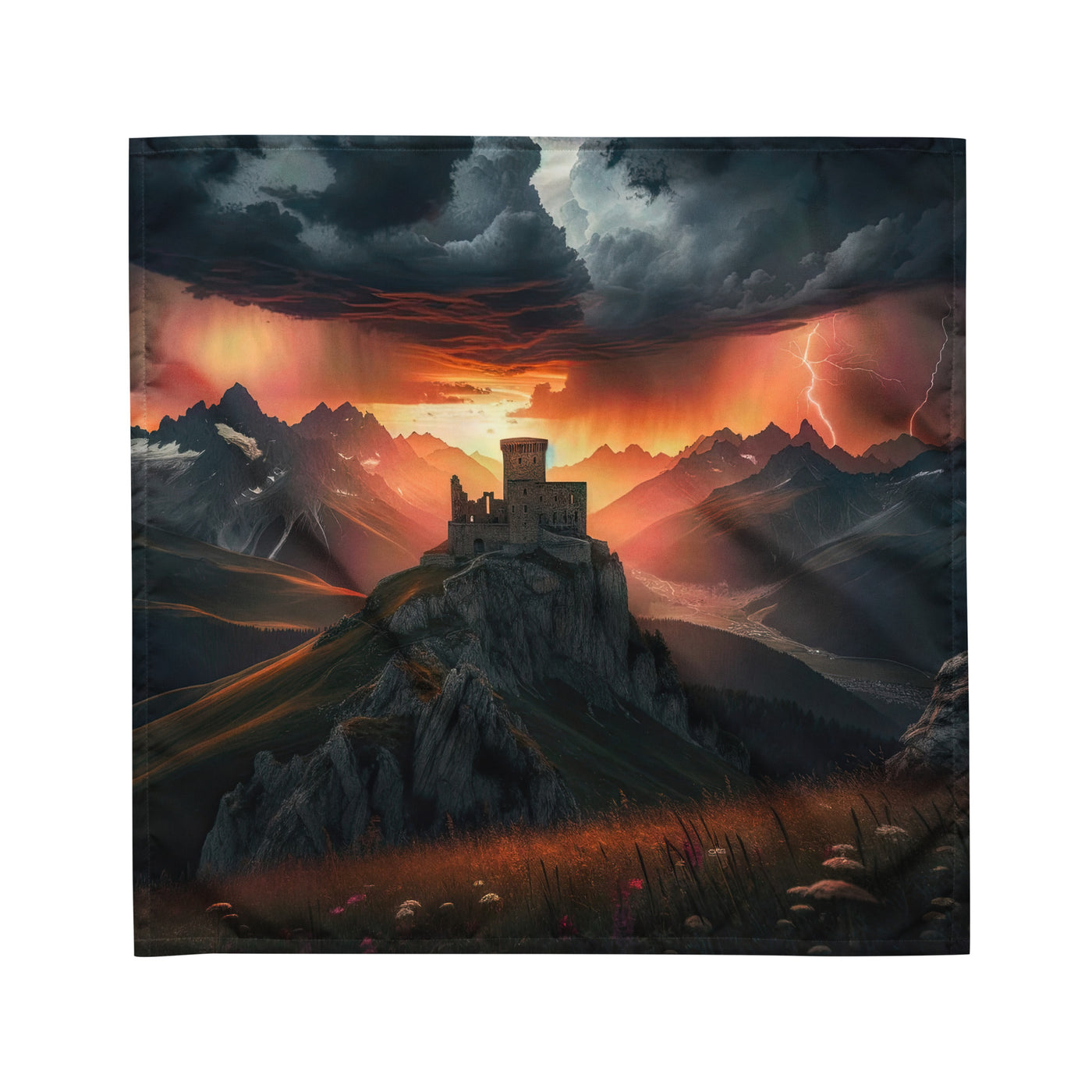 Foto einer Alpenburg bei stürmischem Sonnenuntergang, dramatische Wolken und Sonnenstrahlen - Bandana (All-Over Print) berge xxx yyy zzz M
