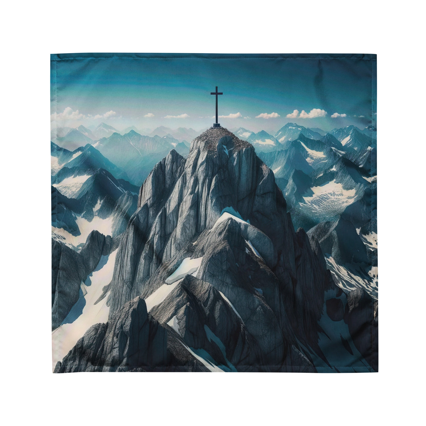 Foto der Alpen mit Gipfelkreuz an einem klaren Tag, schneebedeckte Spitzen vor blauem Himmel - Bandana (All-Over Print) berge xxx yyy zzz M