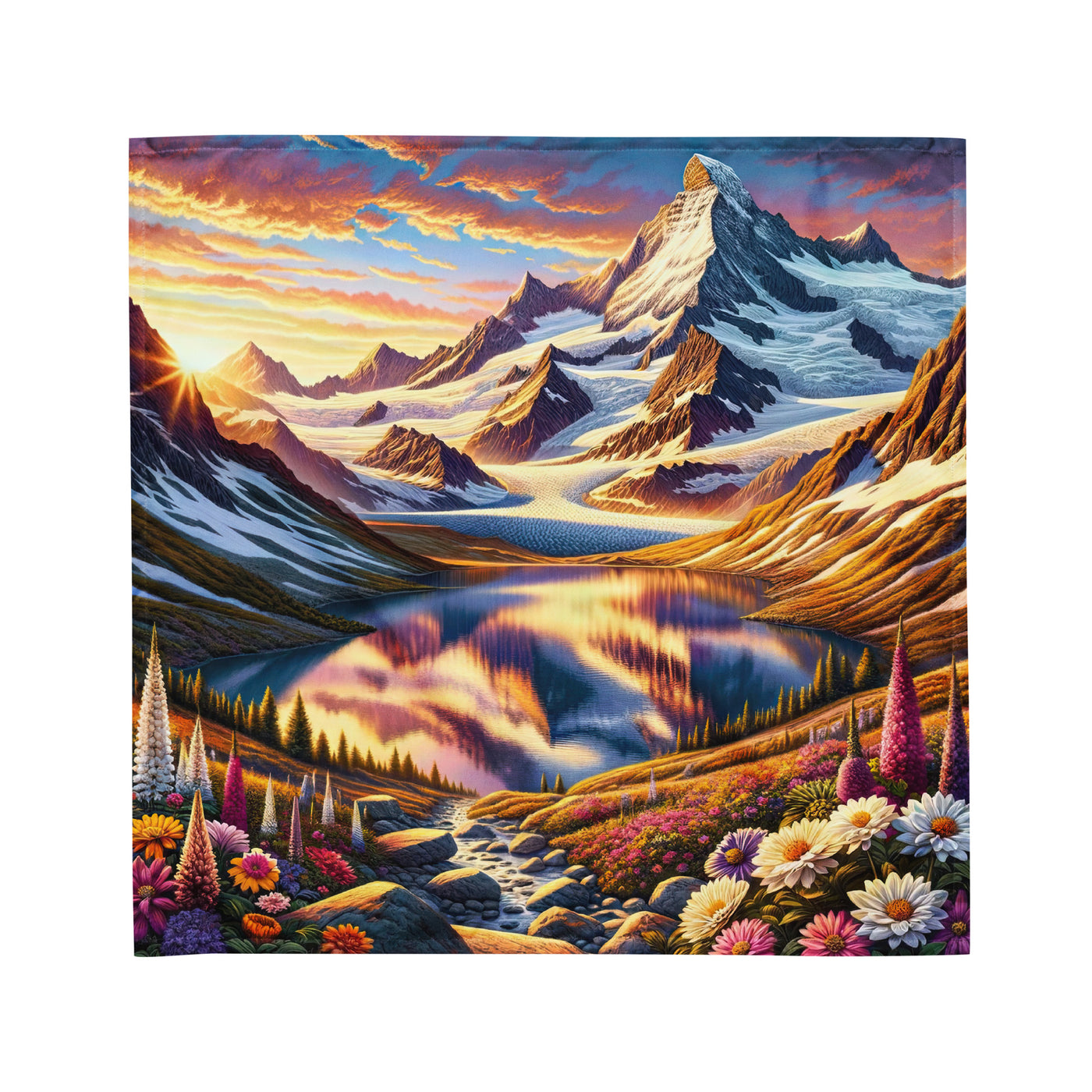 Quadratische Illustration der Alpen mit schneebedeckten Gipfeln und Wildblumen - Bandana (All-Over Print) berge xxx yyy zzz M