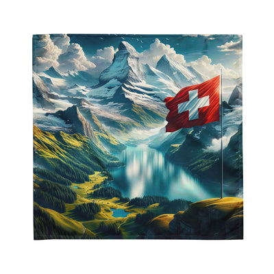 Ultraepische, fotorealistische Darstellung der Schweizer Alpenlandschaft mit Schweizer Flagge - Bandana (All-Over Print) berge xxx yyy zzz M