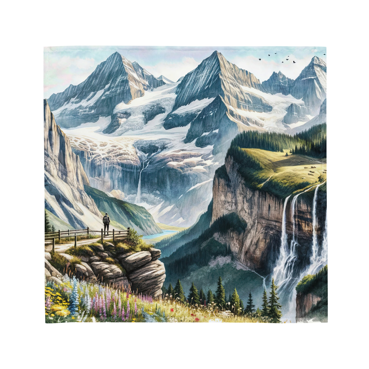 Aquarell-Panoramablick der Alpen mit schneebedeckten Gipfeln, Wasserfällen und Wanderern - Bandana (All-Over Print) wandern xxx yyy zzz M