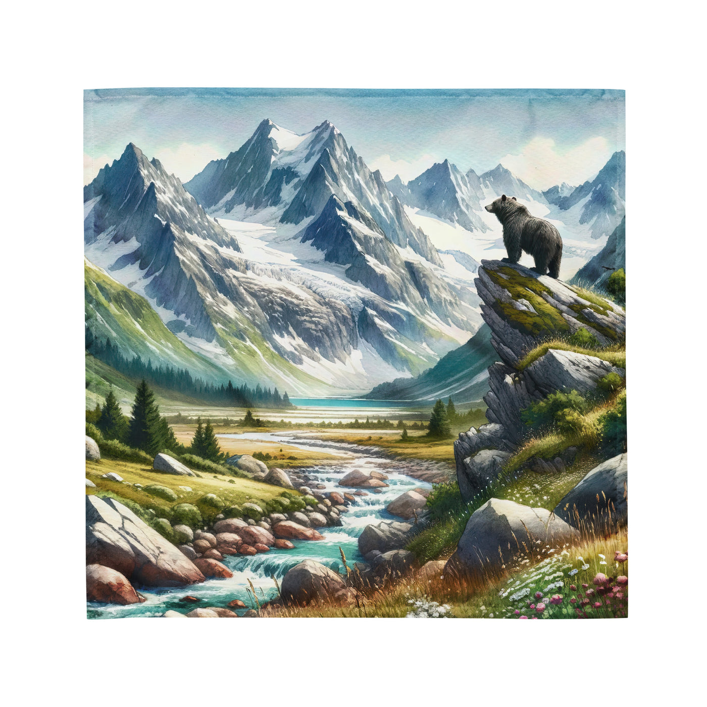 Aquarellmalerei eines Bären und der sommerlichen Alpenschönheit mit schneebedeckten Ketten - Bandana (All-Over Print) camping xxx yyy zzz M