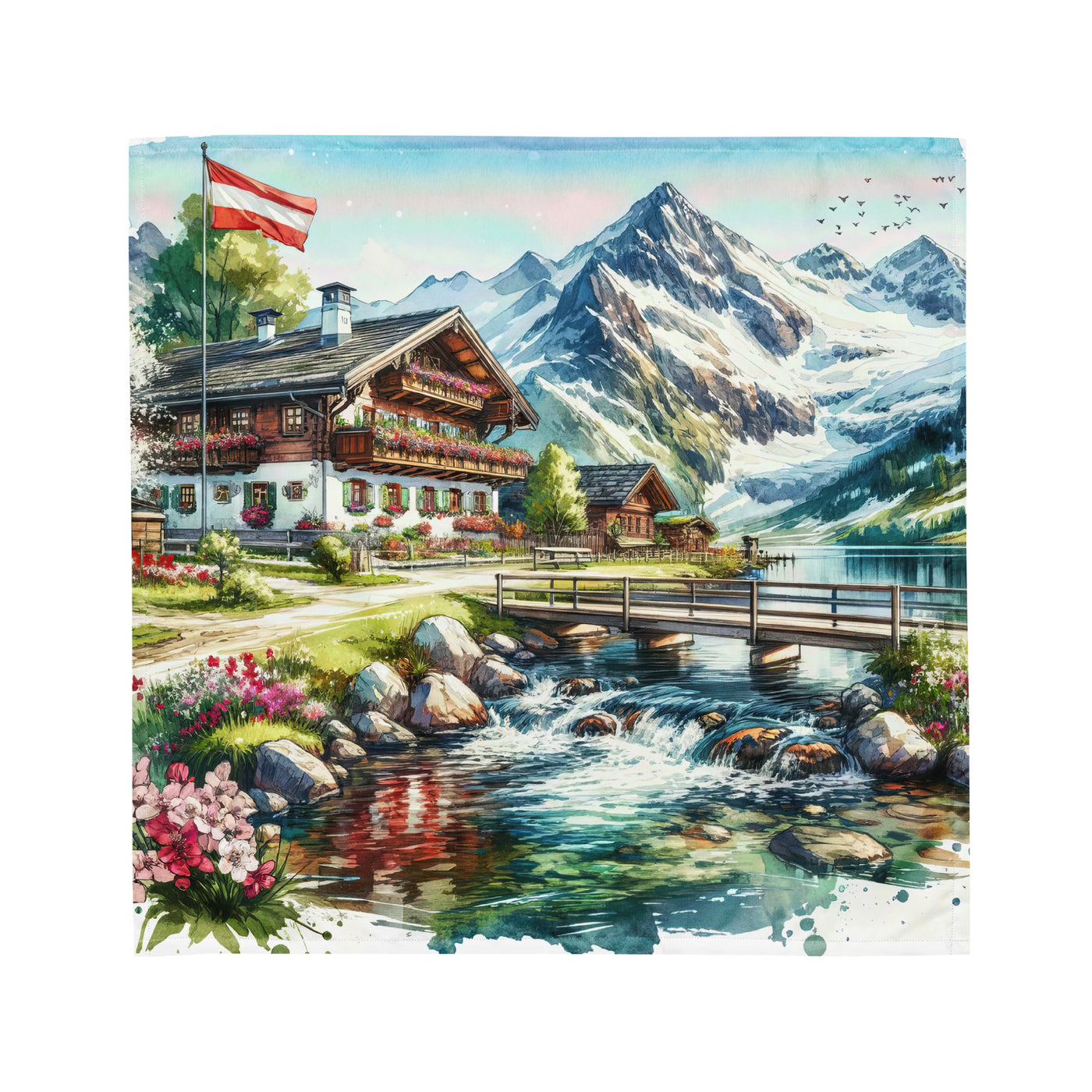 Aquarell der frühlingshaften Alpenkette mit österreichischer Flagge und schmelzendem Schnee - Bandana (All-Over Print) berge xxx yyy zzz M