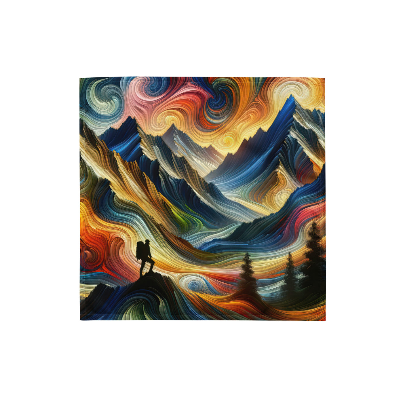 Abstraktes Kunstgemälde der Alpen mit wirbelnden, lebendigen Farben und dynamischen Mustern. Wanderer Silhouette - All-Over Print wandern xxx yyy zzz S