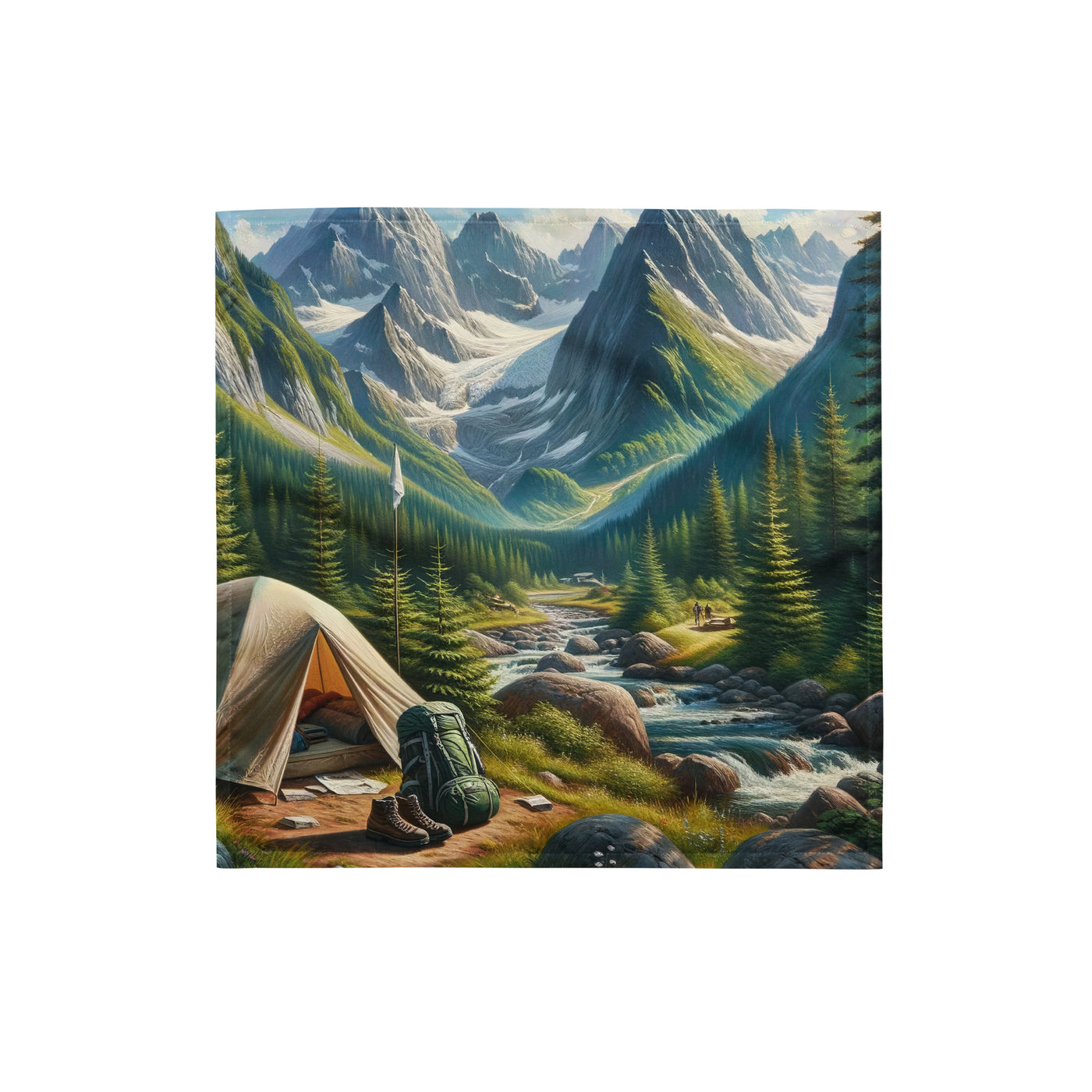 Ölgemälde der Alpensommerlandschaft mit Zelt, Gipfeln, Wäldern und Bächen - Bandana (All-Over Print) camping xxx yyy zzz S