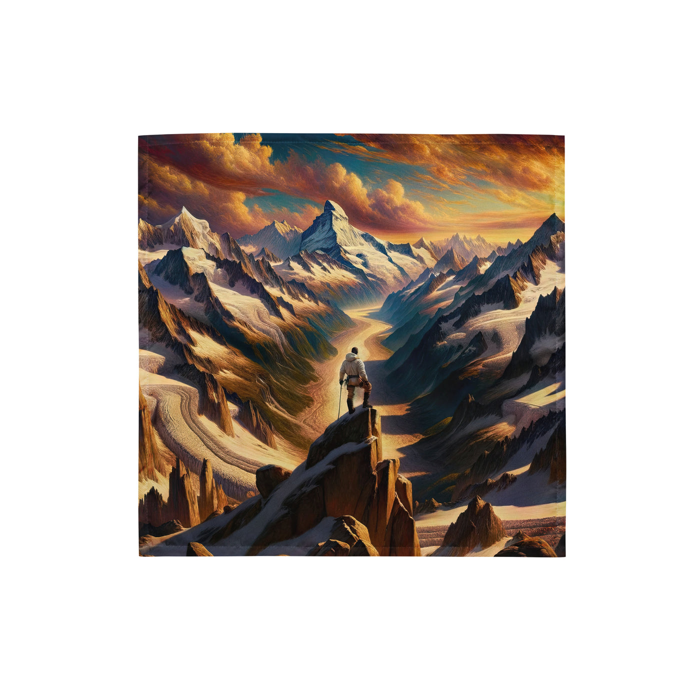Ölgemälde eines Wanderers auf einem Hügel mit Panoramablick auf schneebedeckte Alpen und goldenen Himmel - Bandana (All-Over Print) wandern xxx yyy zzz S