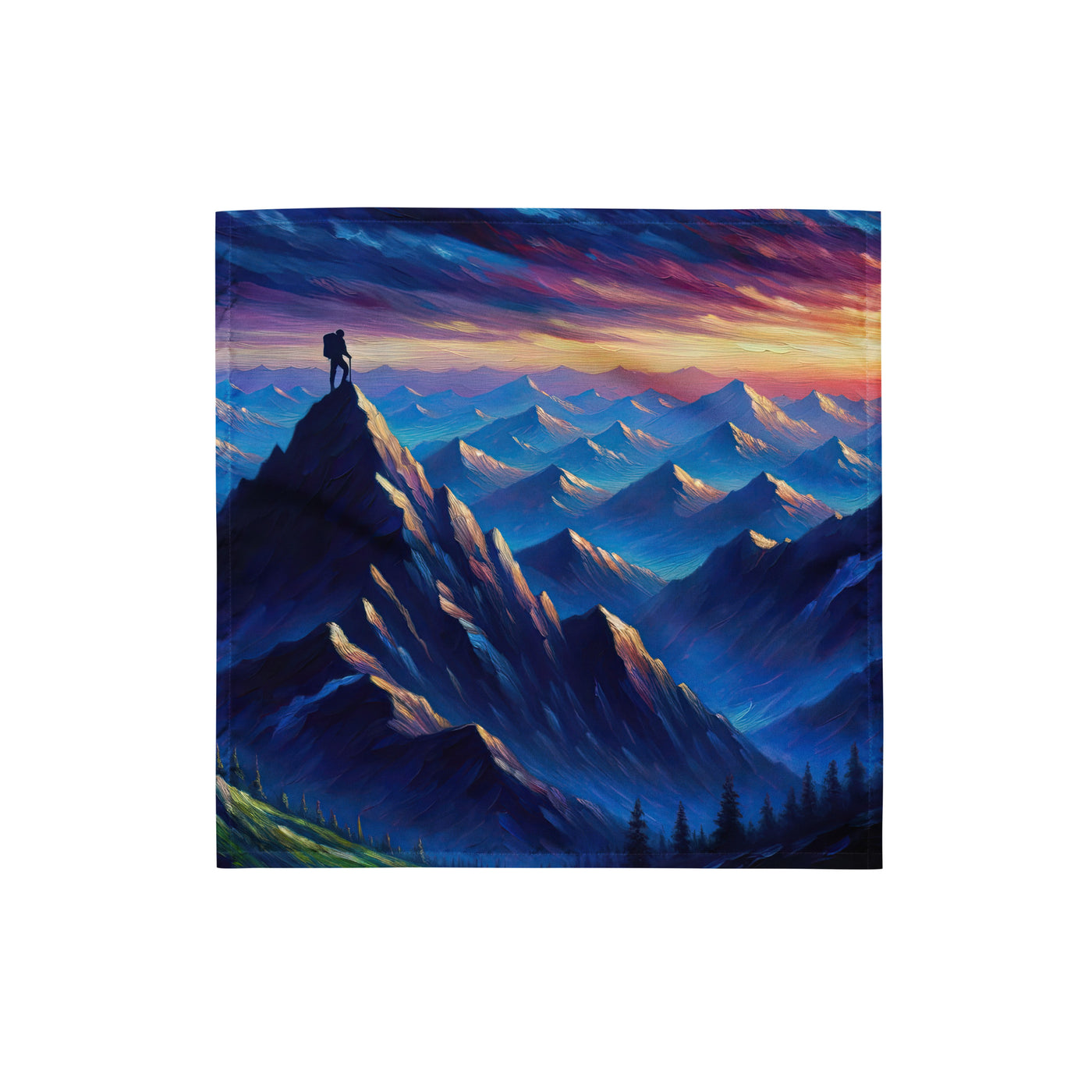 Ölgemälde eines ruhigen Alpenabends mit Bergsteigersilhouette auf dem Gipfel - Bandana (All-Over Print) wandern xxx yyy zzz S