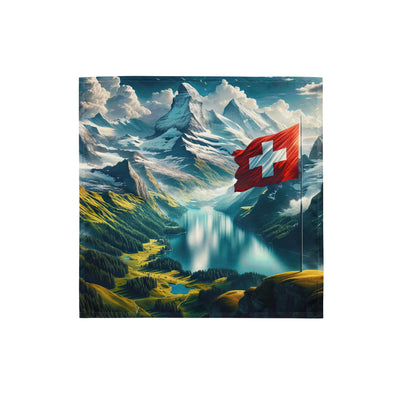 Ultraepische, fotorealistische Darstellung der Schweizer Alpenlandschaft mit Schweizer Flagge - Bandana (All-Over Print) berge xxx yyy zzz S