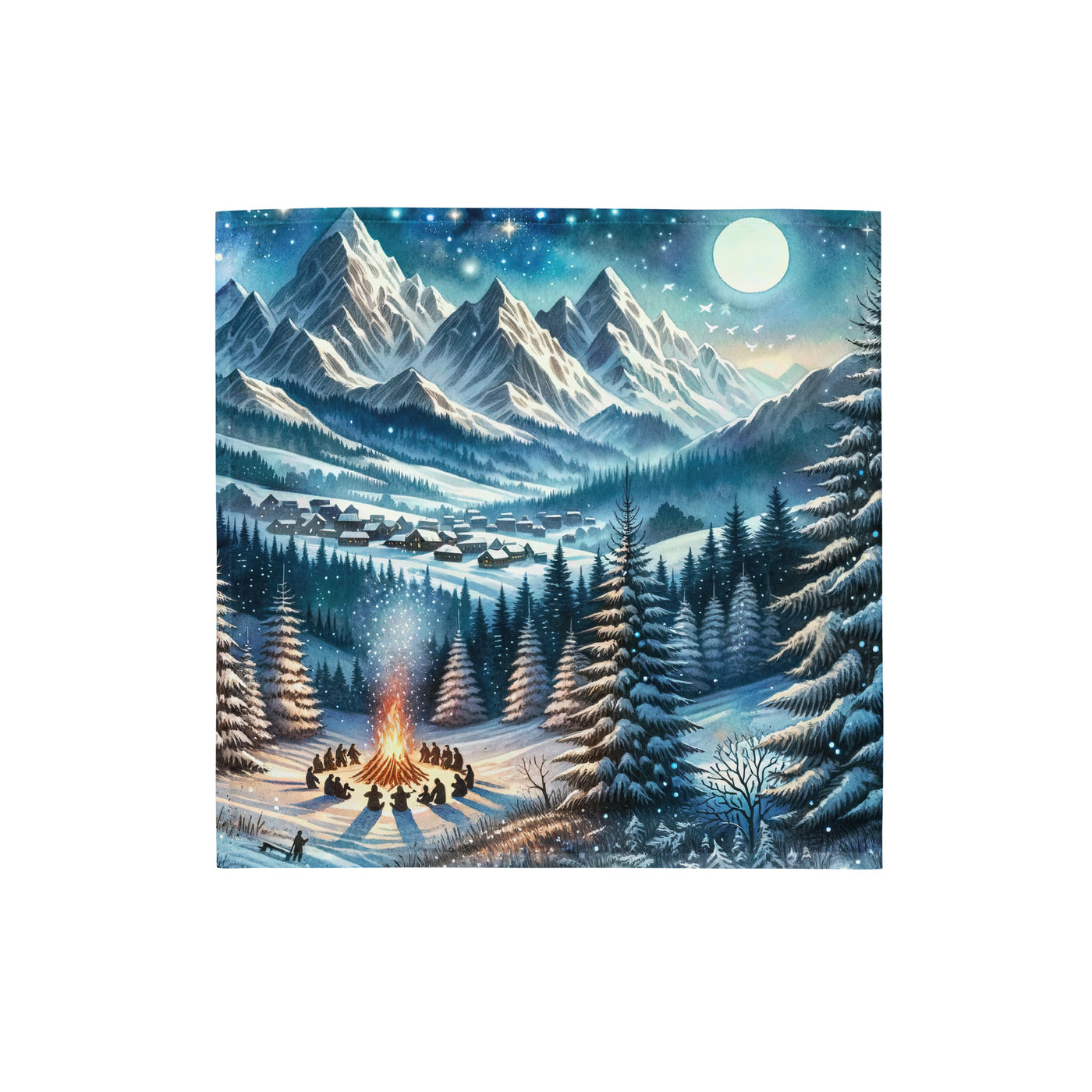 Aquarell eines Winterabends in den Alpen mit Lagerfeuer und Wanderern, glitzernder Neuschnee - Bandana (All-Over Print) camping xxx yyy zzz S