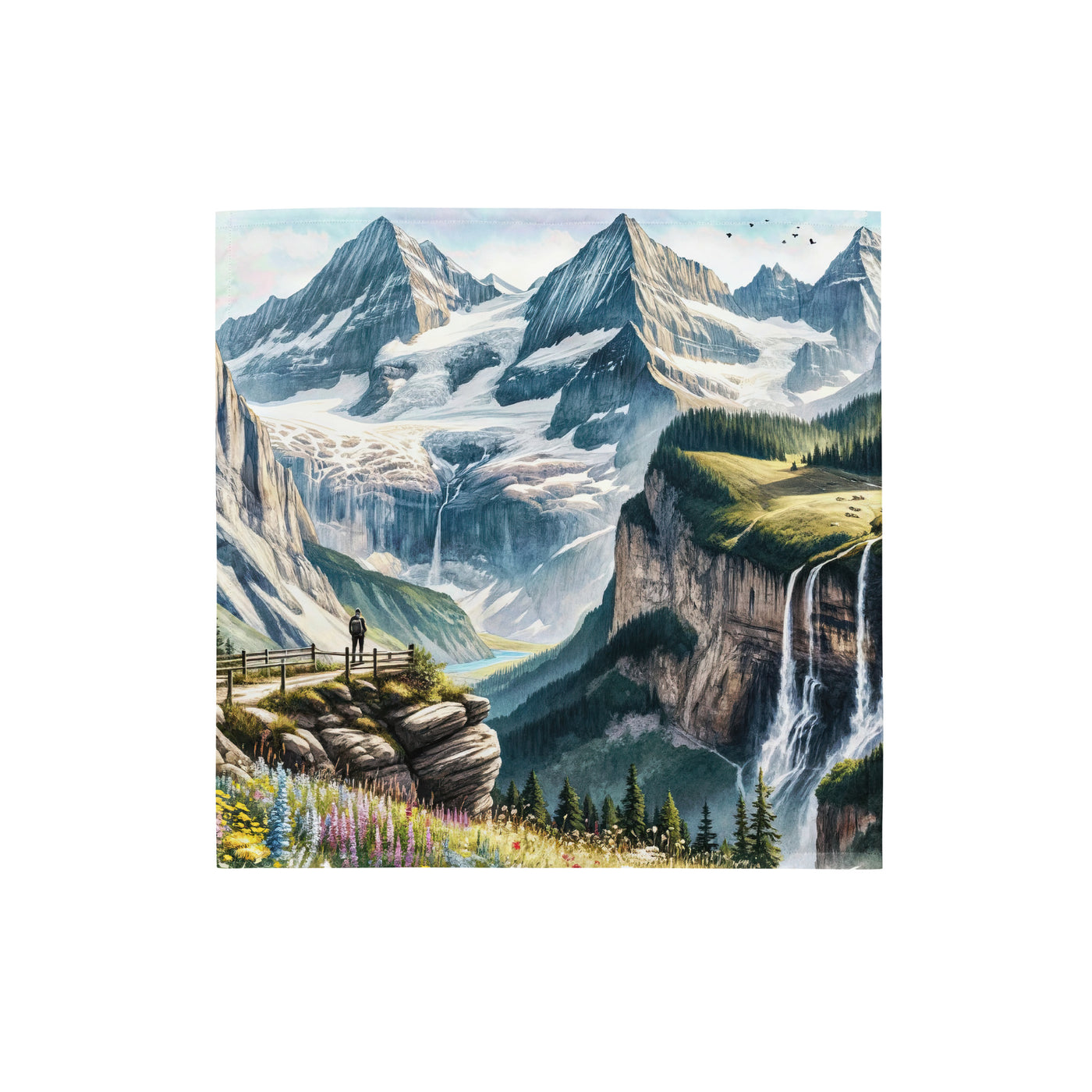 Aquarell-Panoramablick der Alpen mit schneebedeckten Gipfeln, Wasserfällen und Wanderern - Bandana (All-Over Print) wandern xxx yyy zzz S