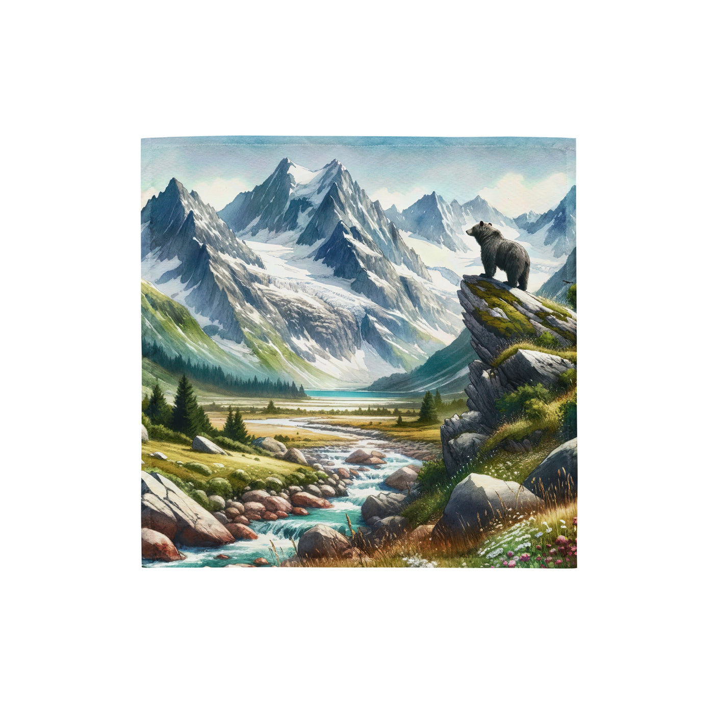 Aquarellmalerei eines Bären und der sommerlichen Alpenschönheit mit schneebedeckten Ketten - Bandana (All-Over Print) camping xxx yyy zzz S