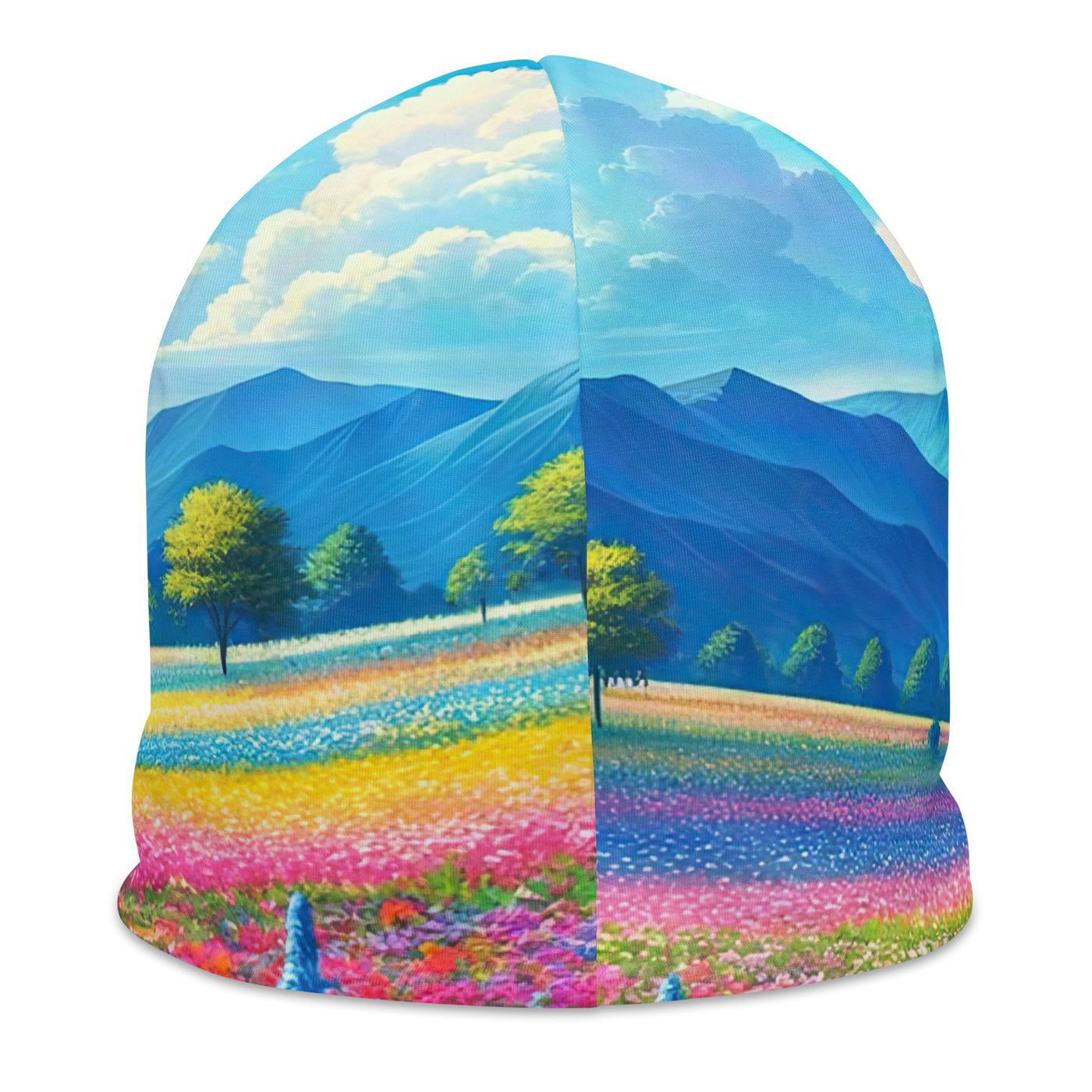 Weitläufiges Blumenfeld unter himmelblauem Himmel, leuchtende Flora - Beanie (All-Over Print) camping xxx yyy zzz
