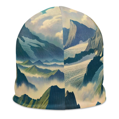 Panoramablick der Alpen mit Wanderer auf einem Hügel und schroffen Gipfeln - Beanie (All-Over Print) wandern xxx yyy zzz