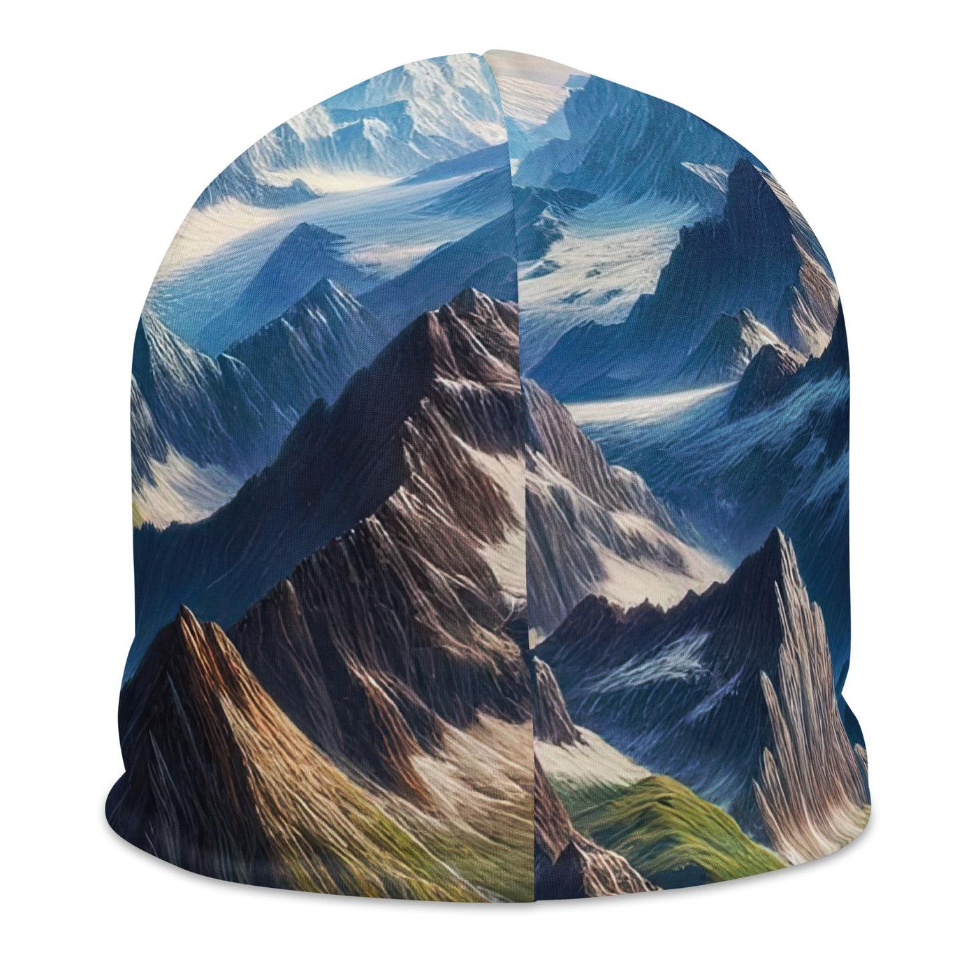 Panorama-Ölgemälde der Alpen mit schneebedeckten Gipfeln und schlängelnden Flusstälern - Beanie (All-Over Print) berge xxx yyy zzz