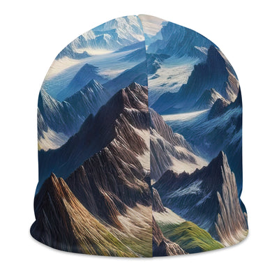 Panorama-Ölgemälde der Alpen mit schneebedeckten Gipfeln und schlängelnden Flusstälern - Beanie (All-Over Print) berge xxx yyy zzz