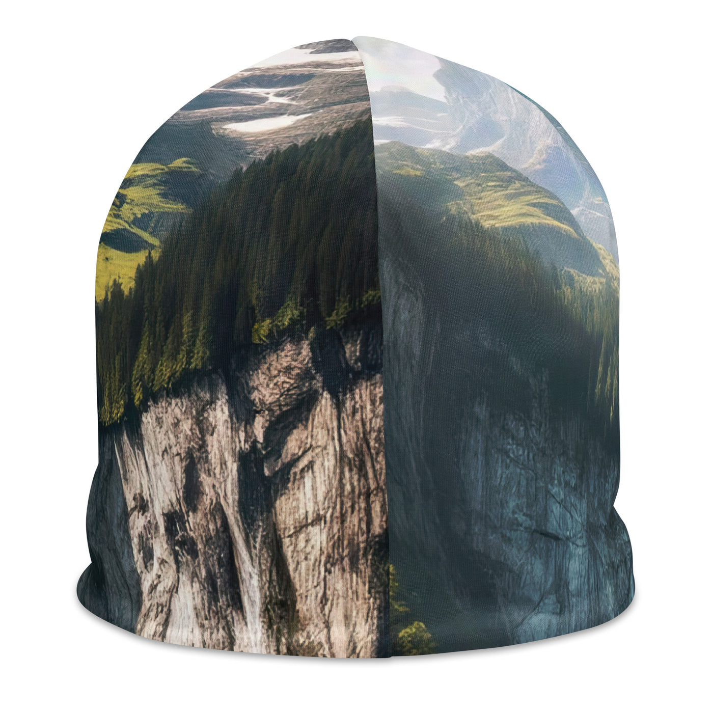 Foto der sommerlichen Alpen mit üppigen Gipfeln und Wasserfall - Beanie (All-Over Print) berge xxx yyy zzz