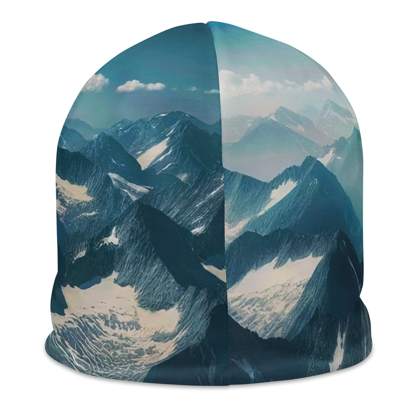 Foto der Alpen mit Gipfelkreuz an einem klaren Tag, schneebedeckte Spitzen vor blauem Himmel - Beanie (All-Over Print) berge xxx yyy zzz