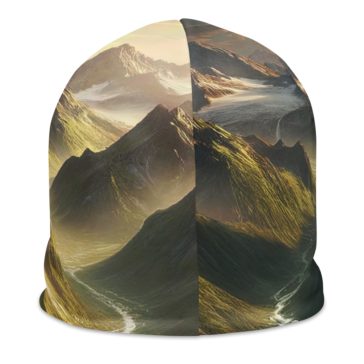 Fotorealistisches Bild der Alpen mit österreichischer Flagge, scharfen Gipfeln und grünen Tälern - Beanie (All-Over Print) berge xxx yyy zzz