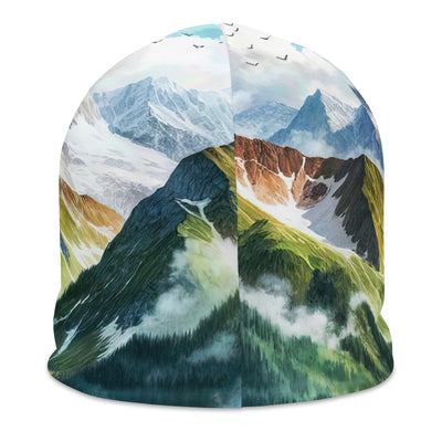 Quadratisches Aquarell der Alpen, Berge mit schneebedeckten Spitzen - Beanie (All-Over Print) berge xxx yyy zzz