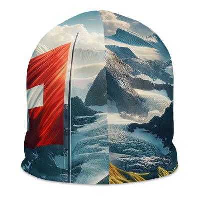 Ultraepische, fotorealistische Darstellung der Schweizer Alpenlandschaft mit Schweizer Flagge - Beanie (All-Over Print) berge xxx yyy zzz