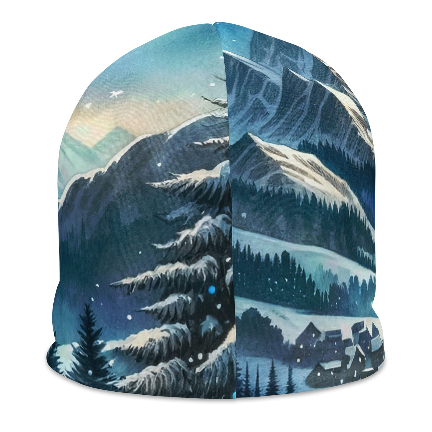 Aquarell eines Winterabends in den Alpen mit Lagerfeuer und Wanderern, glitzernder Neuschnee - Beanie (All-Over Print) camping xxx yyy zzz